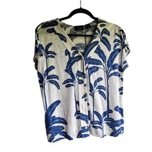 Tahari Womens Blue White Palm Leaf Print Linen Blend Button Front Top Size M